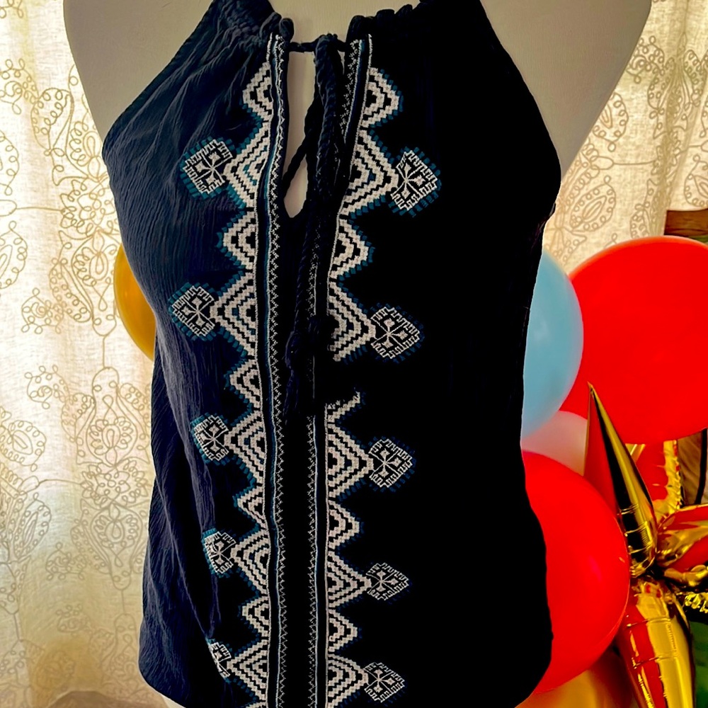 Market and Spruce drawstring top dark blue with embroidery